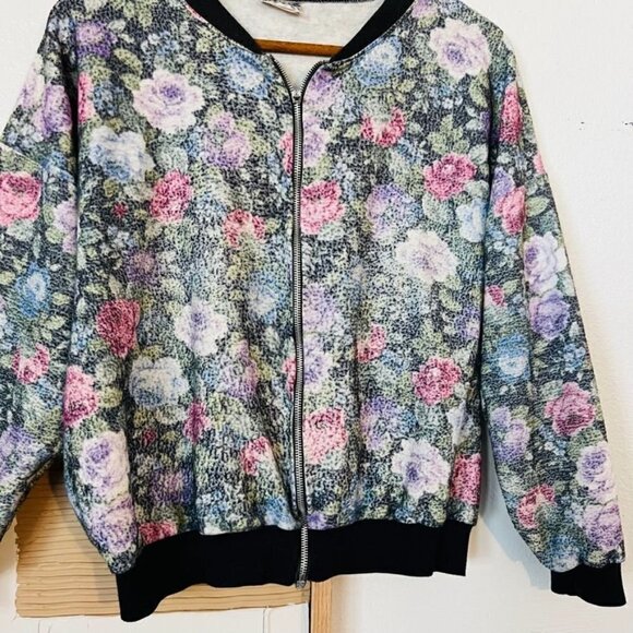 Vintage Textured Cottage Floral Zip up Bomber Sweater Gnome Jacket - Picture 6 of 7